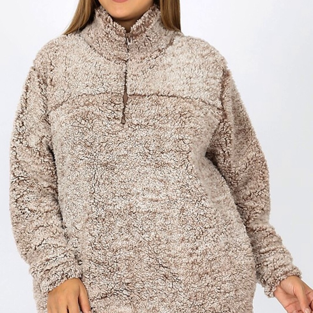 PLUS SIZE SOFT SHERPA PULLOVER ZIP-UP WITH POCKETS